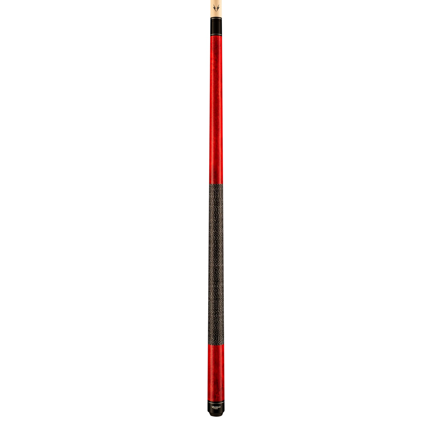Full view of a red stain pool cue with a black linen grip.