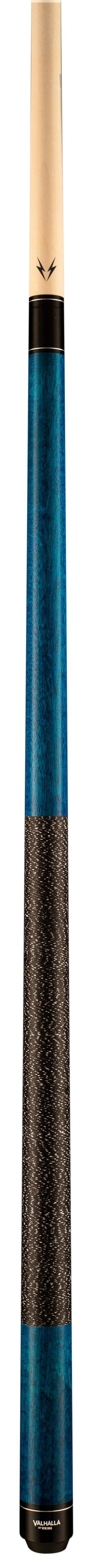 Close-up view of the blue stain pool cue shaft with black linen wrap.