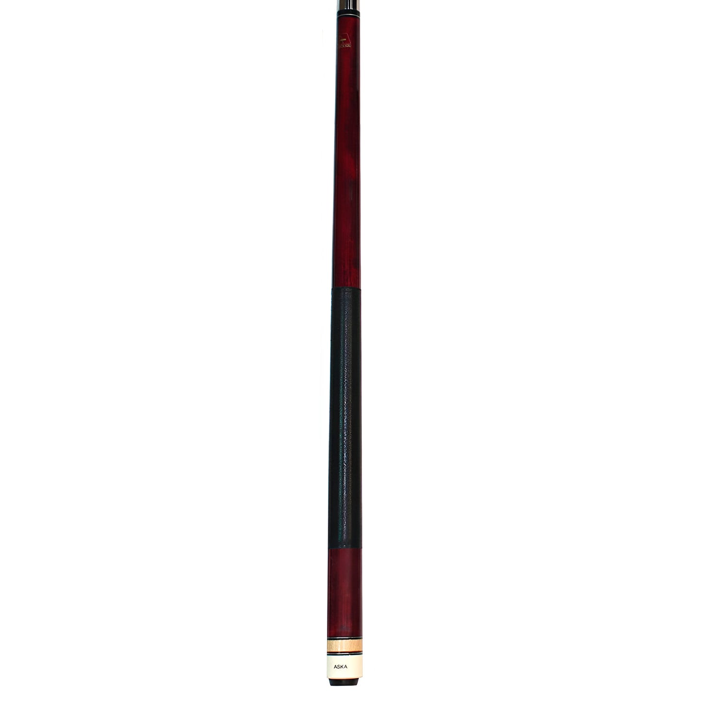 Profile view of the assembled red pool cue with black grip.