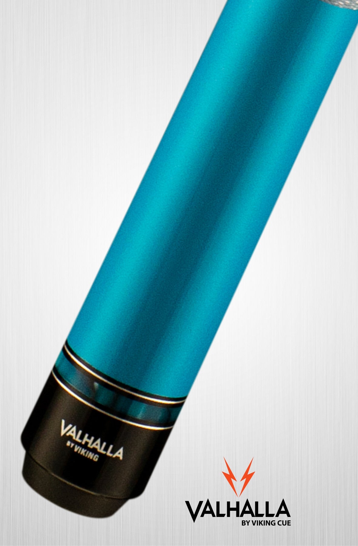 Close-up angled view of the butt end of the teal pool cue.