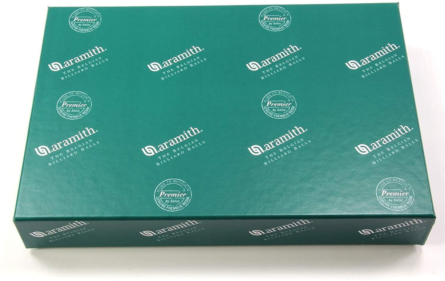 Closed green box for billiard balls featuring repeating logo pattern.