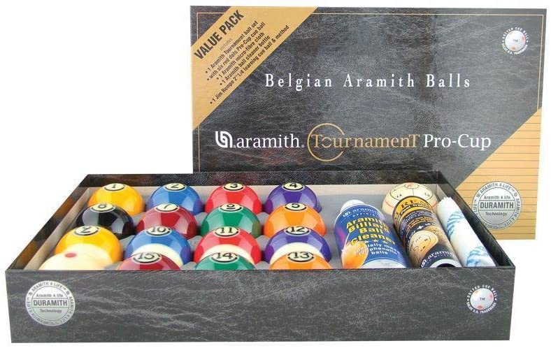 Aramith Duramith Pro Cup Value Pack accessories: cleaner bottle, microfiber cloth, and Jim Rempe training cue ball. billiard pool cue stick by ASKA