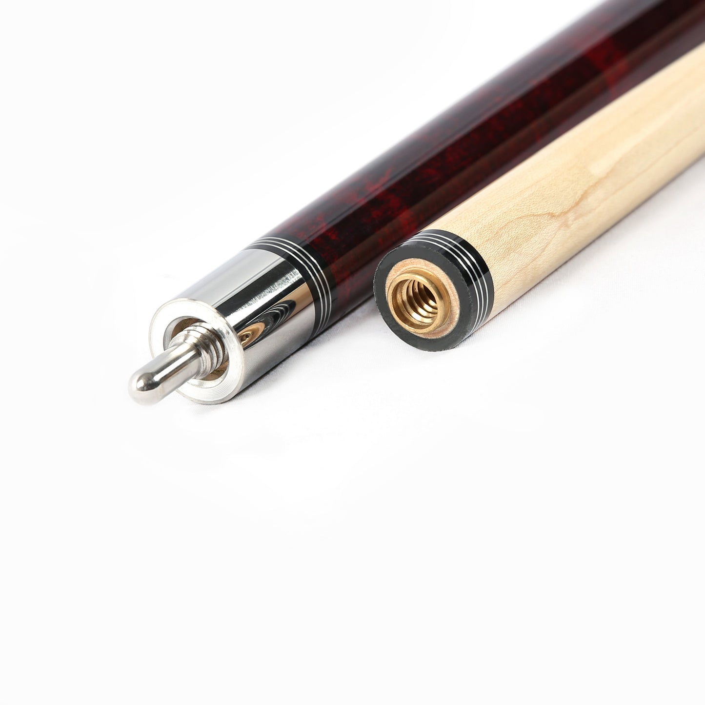 Close-up of cue butt and shaft connection joint with brass threads.