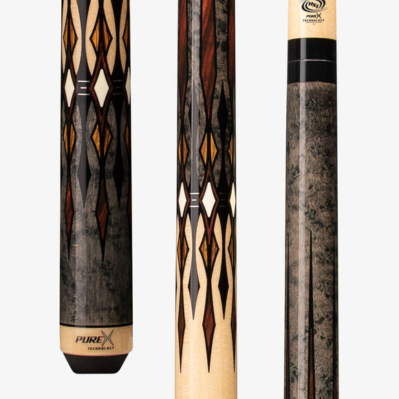 HXTE11 PureX® Technology Pool Cue, 12.75mm Kamui Black Layered Tip, Maple Shaft, 5/16x18 Joint, Pure X Grey Stained & Birdseye Maple With Cocobolo Wrapless Cue