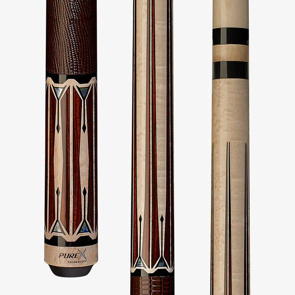 HXTE4 PureX® Technology Pool Cue, Pure X Natural Birdseye/Black Palm & Mother Of Pearl With Brown Embossed Leather Wrap, 12.75mm Kamui Black Layered Tip, Maple Shaft, 5/16x18 Joint