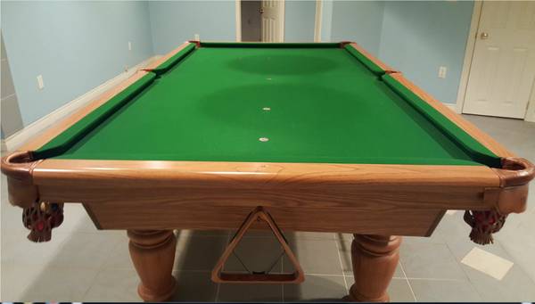 Top-down view of green playing surface with corner pocket and legs