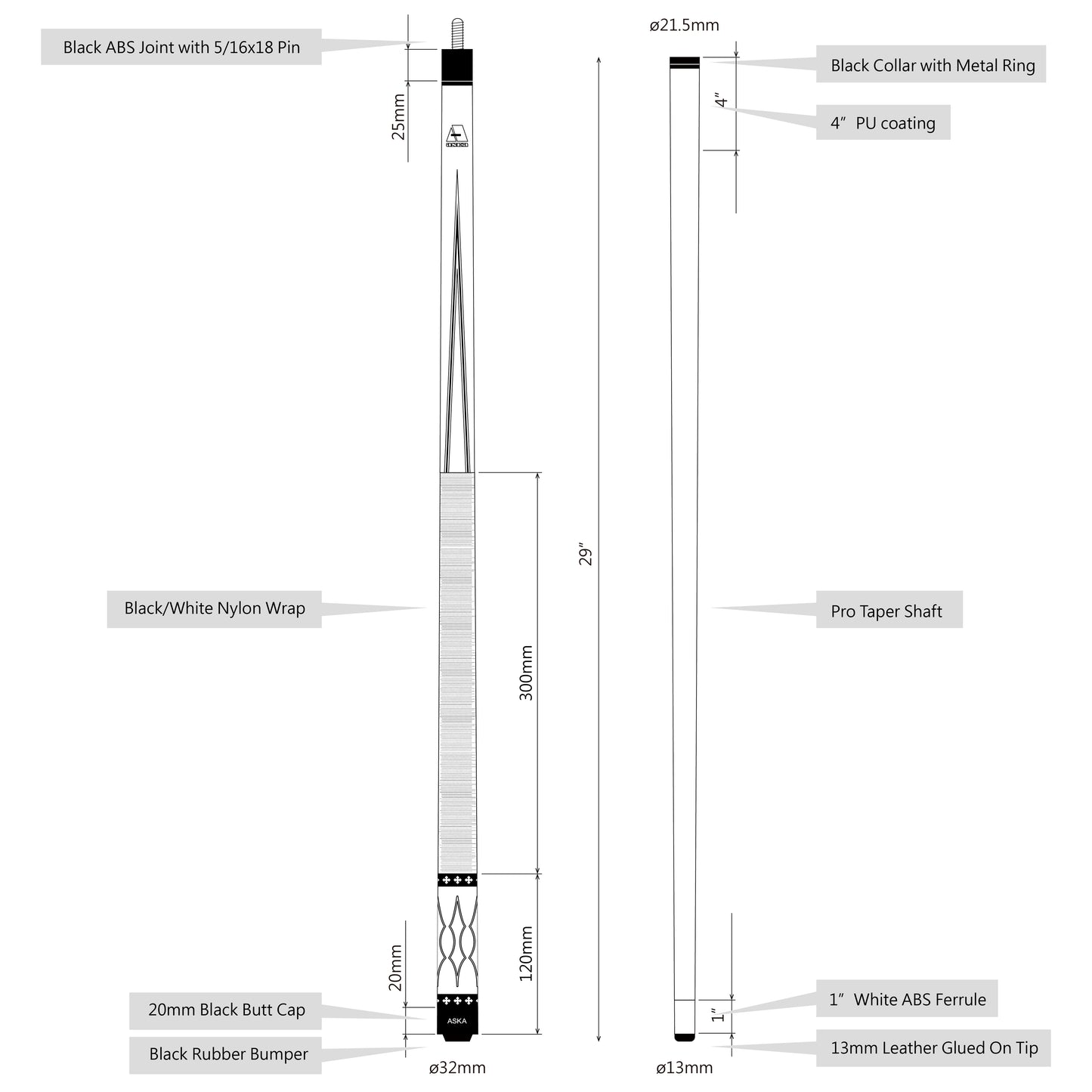 ASKA Set of 4 Pool Cue Sticks 58", Hard Rock Canadian Maple, 13mm Hard Glued On Tip, Mixed Weights and Colors, L22S4