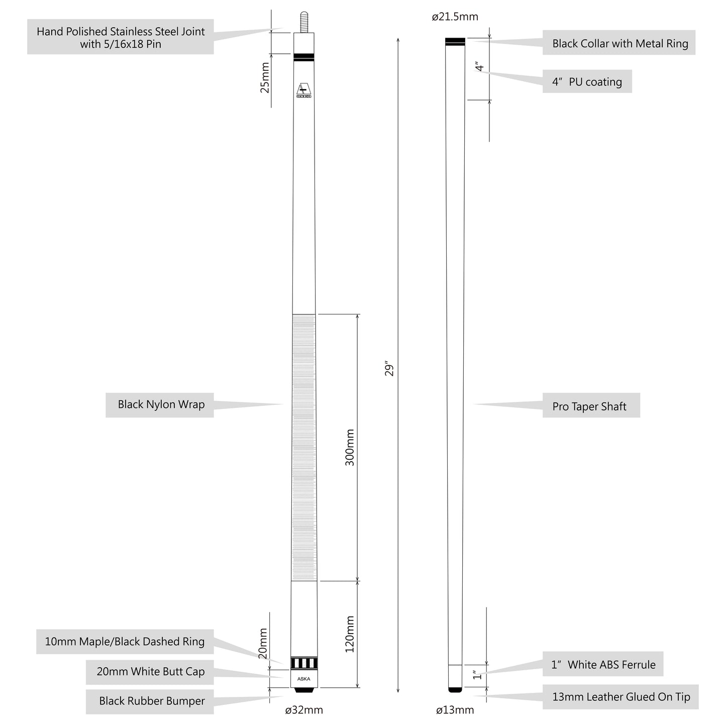 ASKA Pool Cue L25, with Dshed Ring, 58", 5/16x18 Joint, 13mm Leather Tip, L25