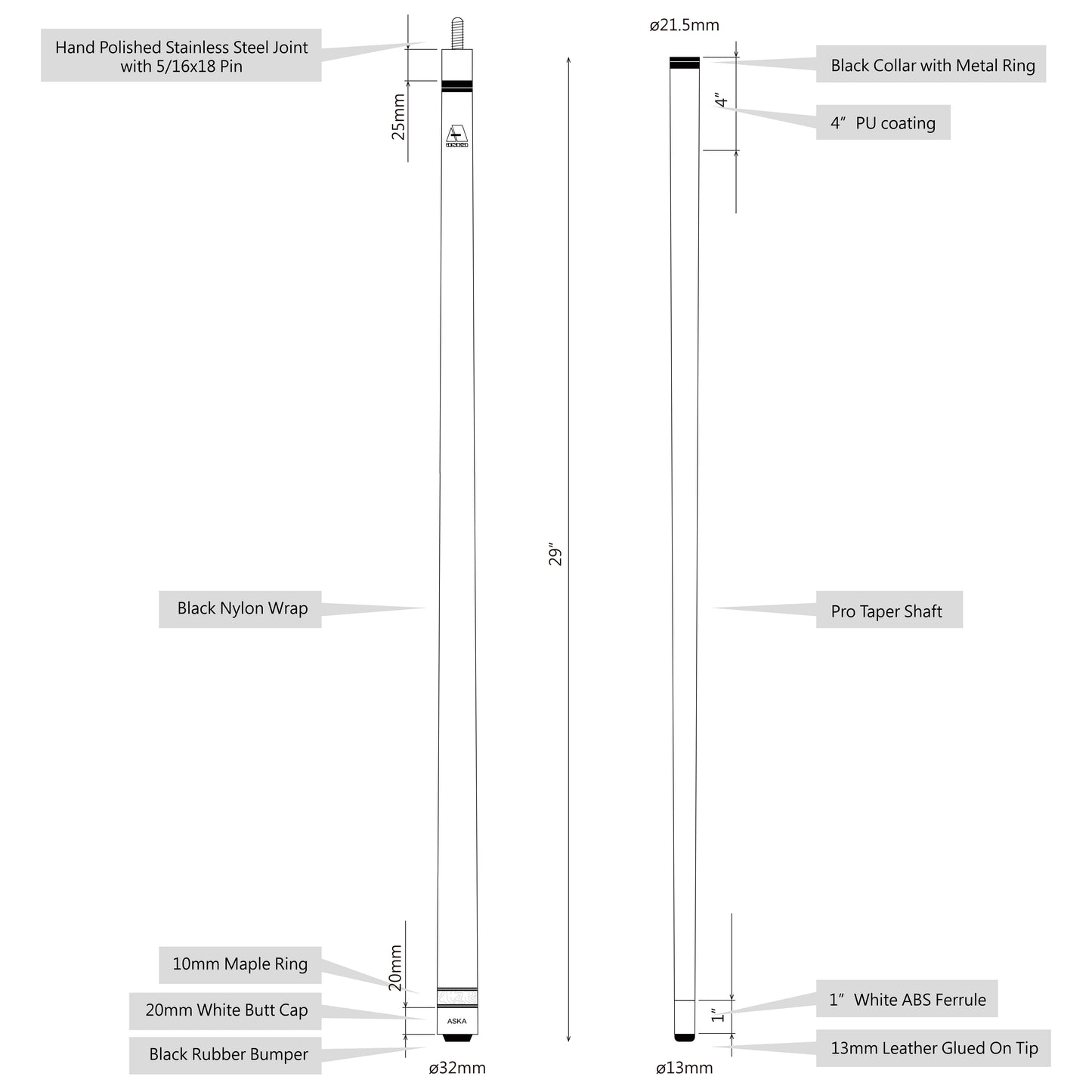 Lot of 10  ASKA L3 Billiard Pool Cues, 58" Hard Rock Canadian Maple, 13mm Hard Tip, Mixed Weights, L3S10C