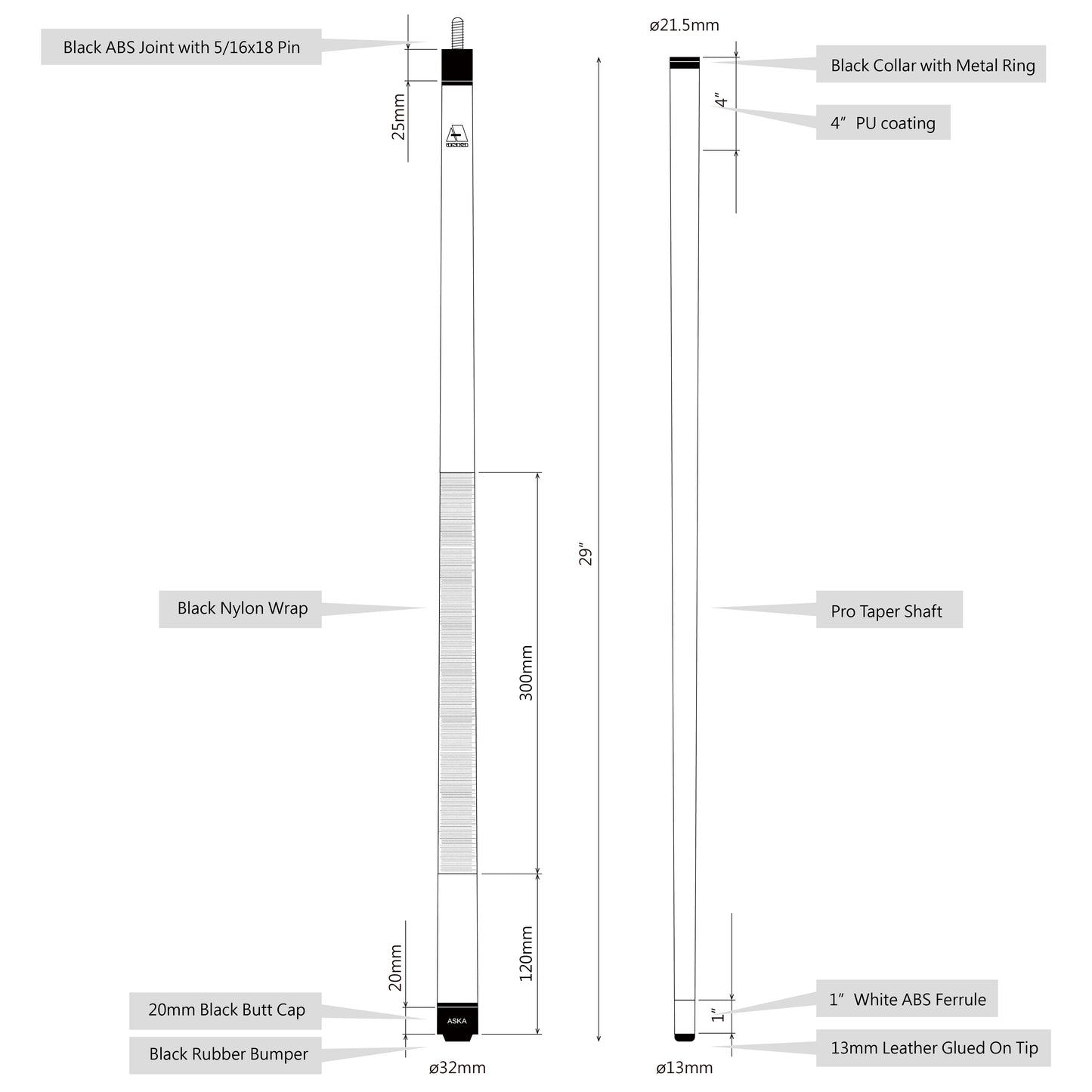 Set of 4 Aska LEC Billiard Pool Cues, 58" Hard Rock Canadian Maple, 13mm Hard Le Pro Tip, Mixed Weights, LEC4