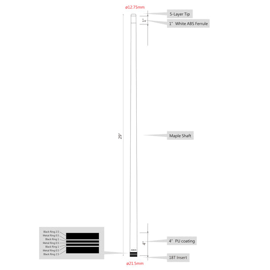 ASKA Extra Spare Shaft 5/16x18 Thread Joint 12.75mm Hard Brown Tip. Canadian Hard Rock Maple, Black Collar with Triple Ring, 29 inches, XSTR