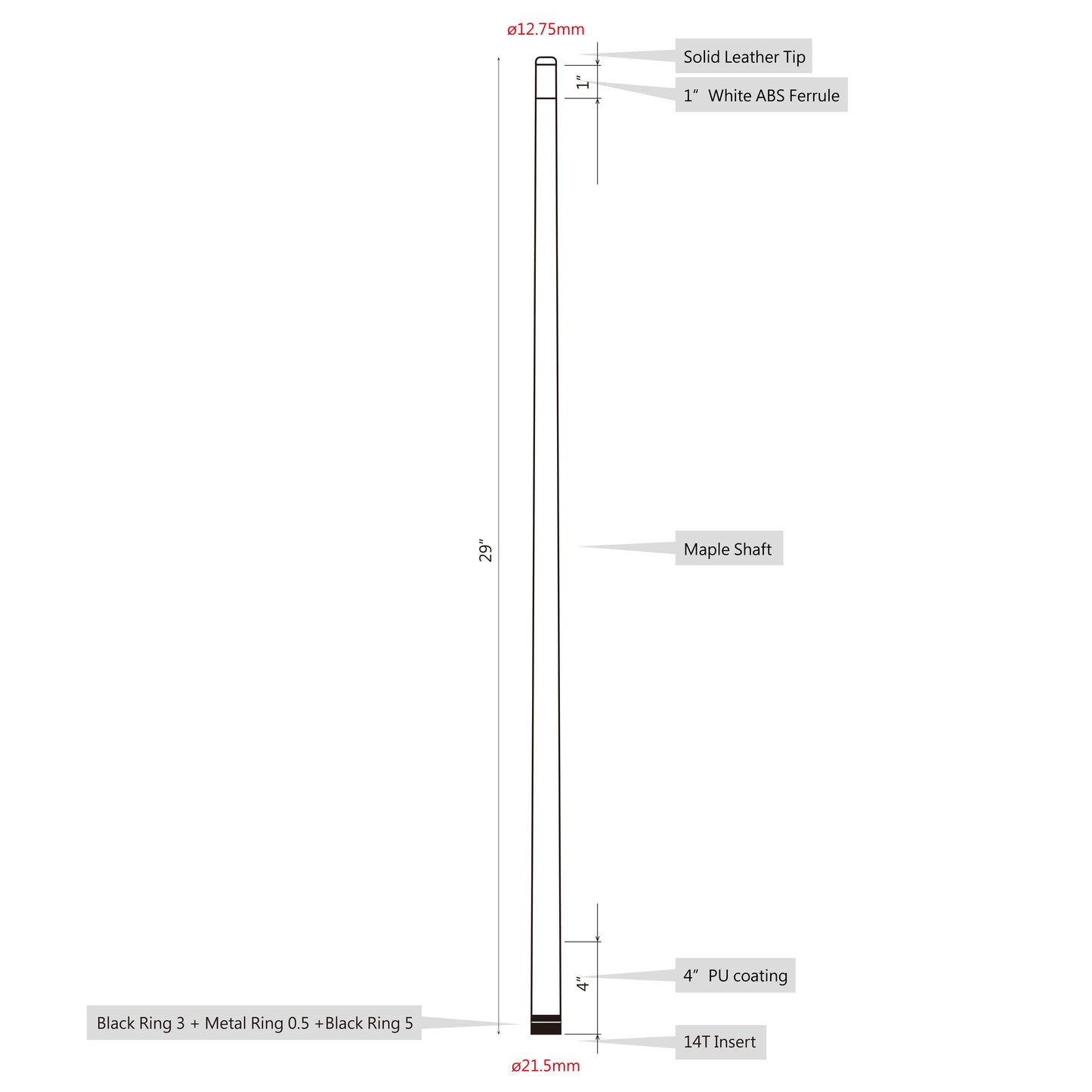ASKA Extra Spare Shaft 5/16x14 Thread Joint 12.75mm Hard Brown Tip. Canadian Hard Rock Maple, Black Collar with Ring, 29 inches, XS14