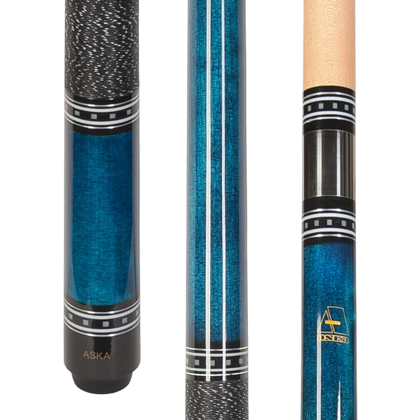 Close-up of blue pool cue butt with grip and joint rings.