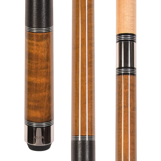 ASKA Pool Cue Stick TR LIGHT BROWN, Maple Shaft, 5/16x18 Metal Joint, Black Irish Linen, Triple Rings, 12.75mm Tip, TRLBRN