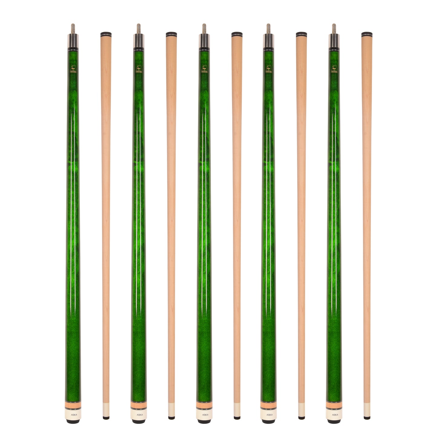 Set of 5 Aska L3 Green Pool Cue Sticks, 58", 13mm Tip, Hard Rock Canadian Maple Shaft, Wrapless, L3S5GRN