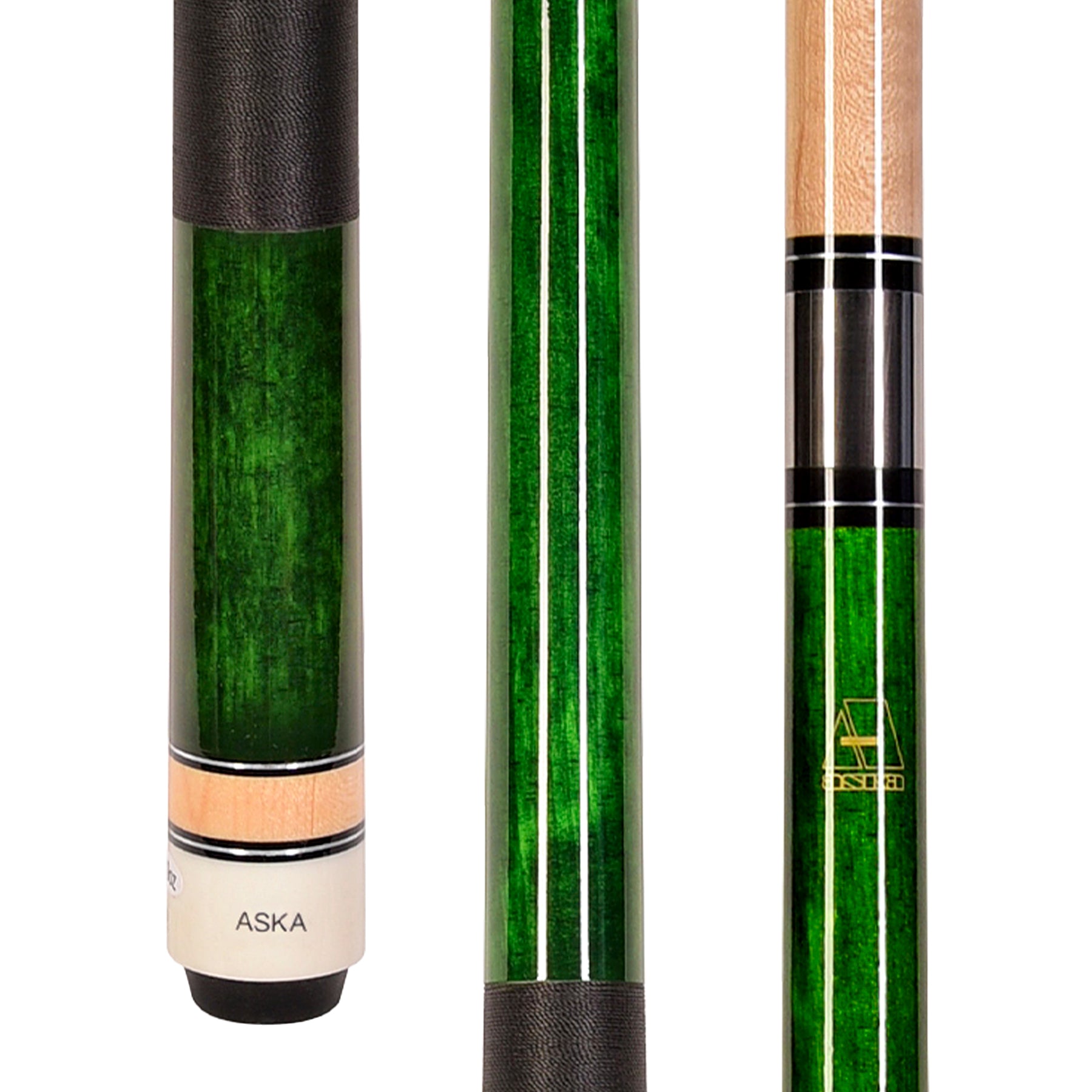 ASKA Green Pool Cue Stick with Black Nylon Wrap, showing butt, shaft details. L2GRN
