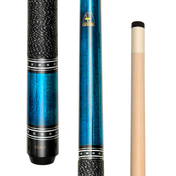 ASKA Blue 42" short pool cue with black Irish linen wrap and maple shaft.