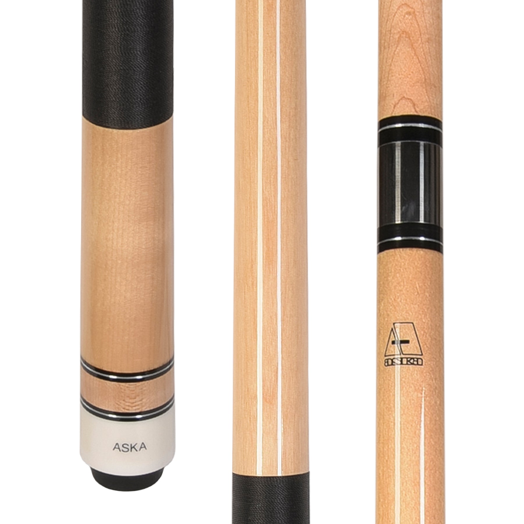 ASKA Natural Maple pool cue with black nylon wrap and joint detail. L2NAT