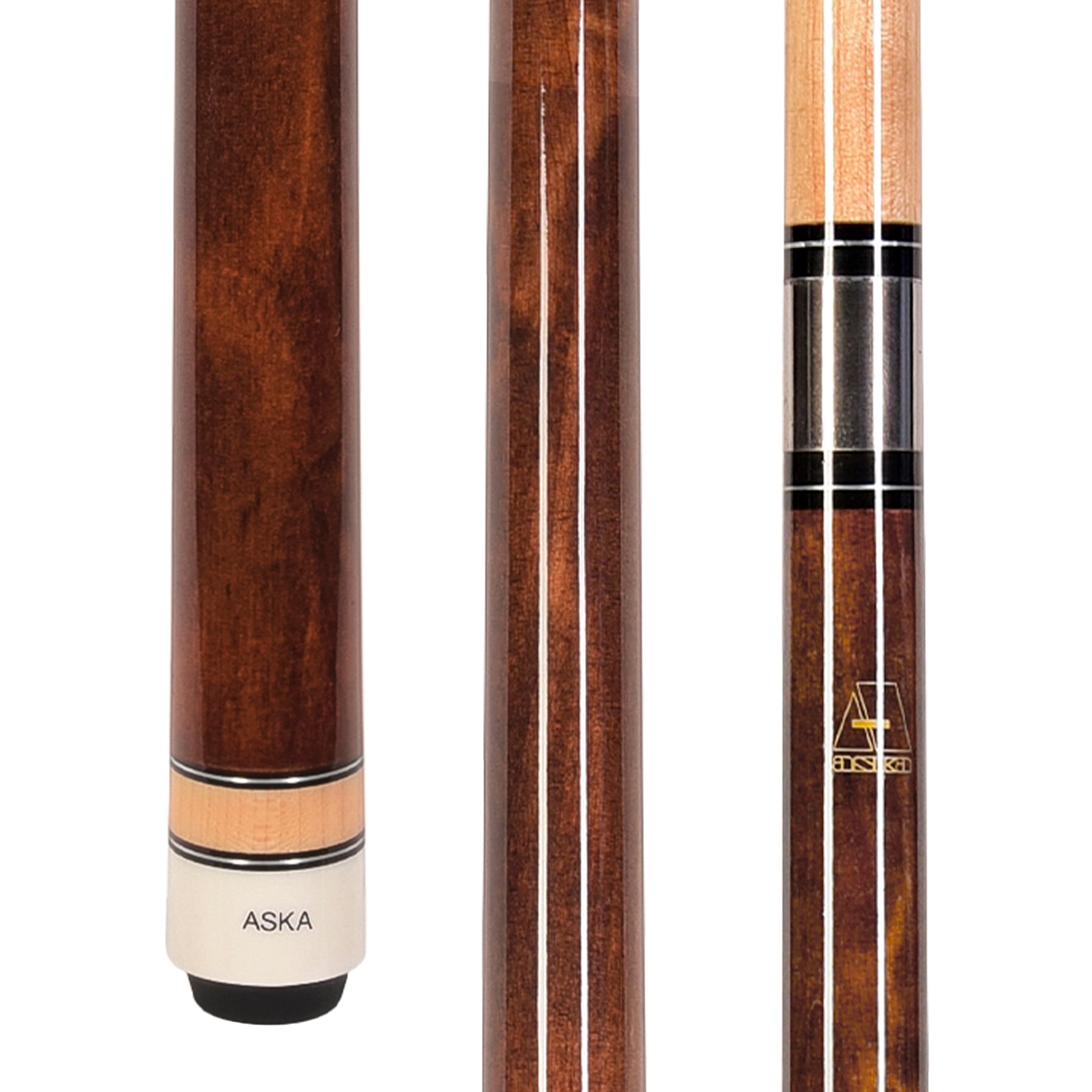 ASKA Brown No Wrap Pool Cue Stick full view and butt detail. L3BRN