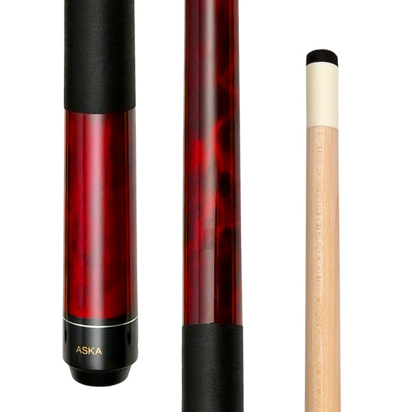 ASKA Red 52" short pool cue butt, shaft, and tip detail. LEC52RD