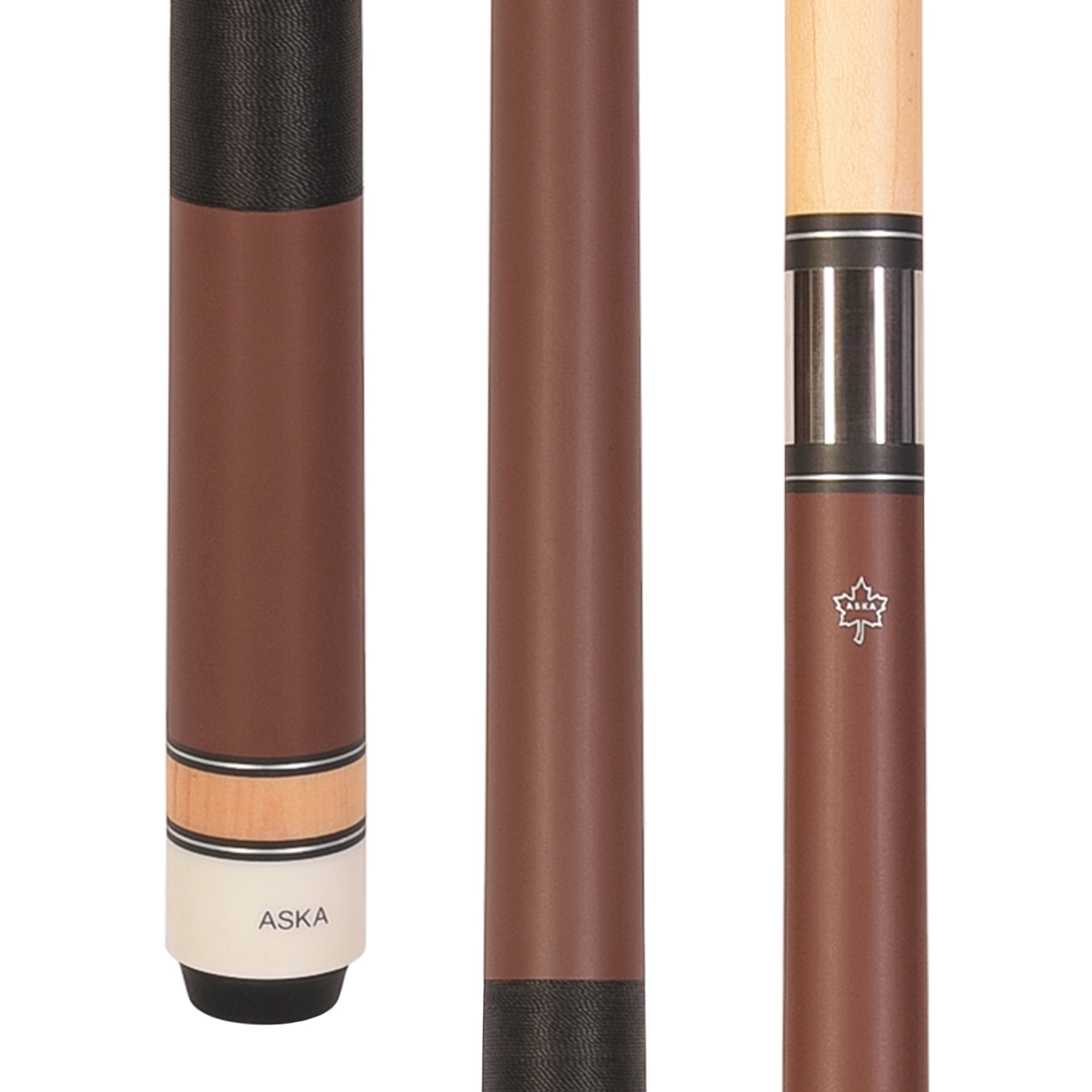 ASKA Matte Brown Pro pool cue stick detail views. L2MBRN
