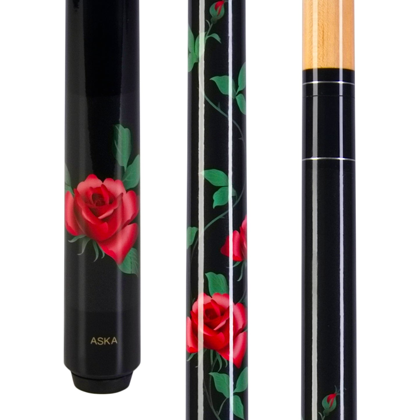 Close-up of black pool cue with red rose design and wood grain shaft