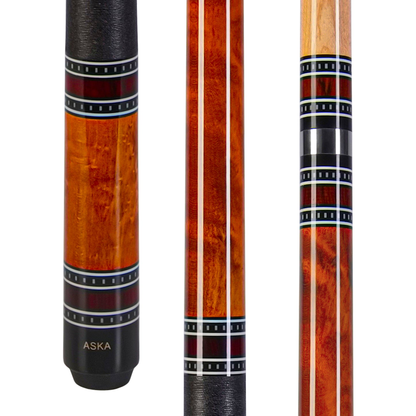 Close up of pool cue butt with intricate wood and ring designs.