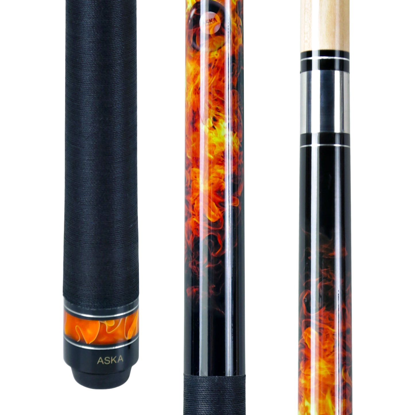 Close-up of cue grip, fire design, and joint.