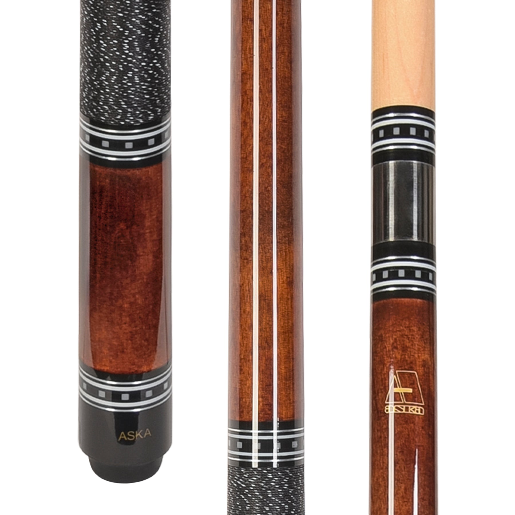 Close-up of billiard cue grip, wood stain, and joint rings.