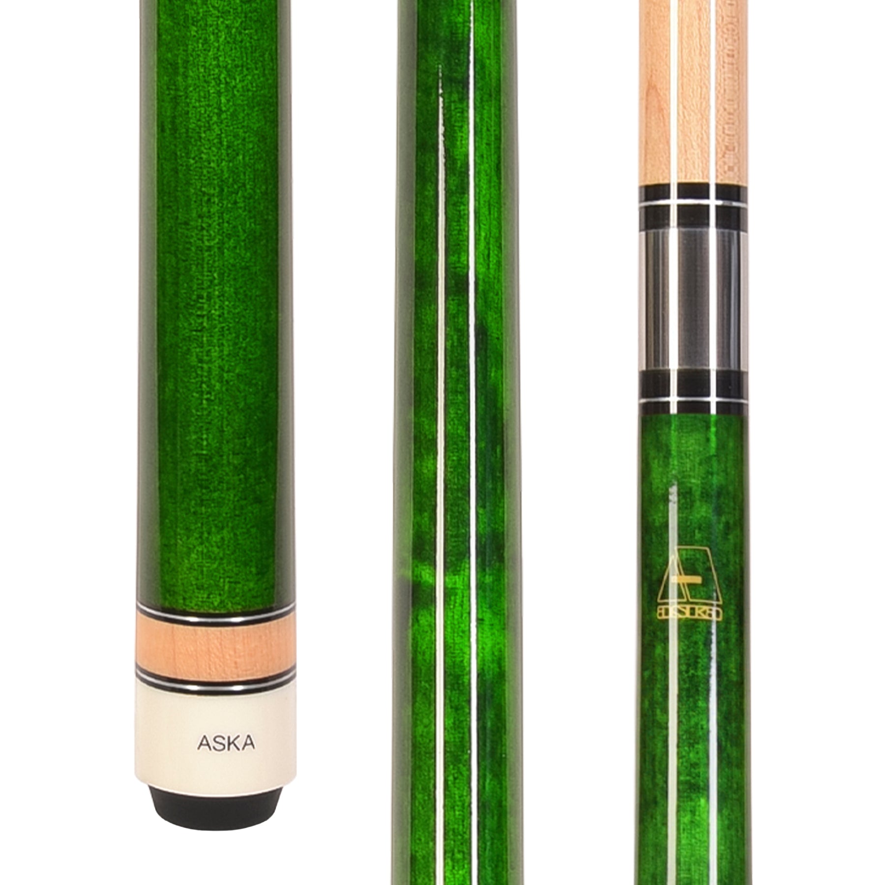 ASKA L3GRN green no wrap pool cue stick with detailed joint view.