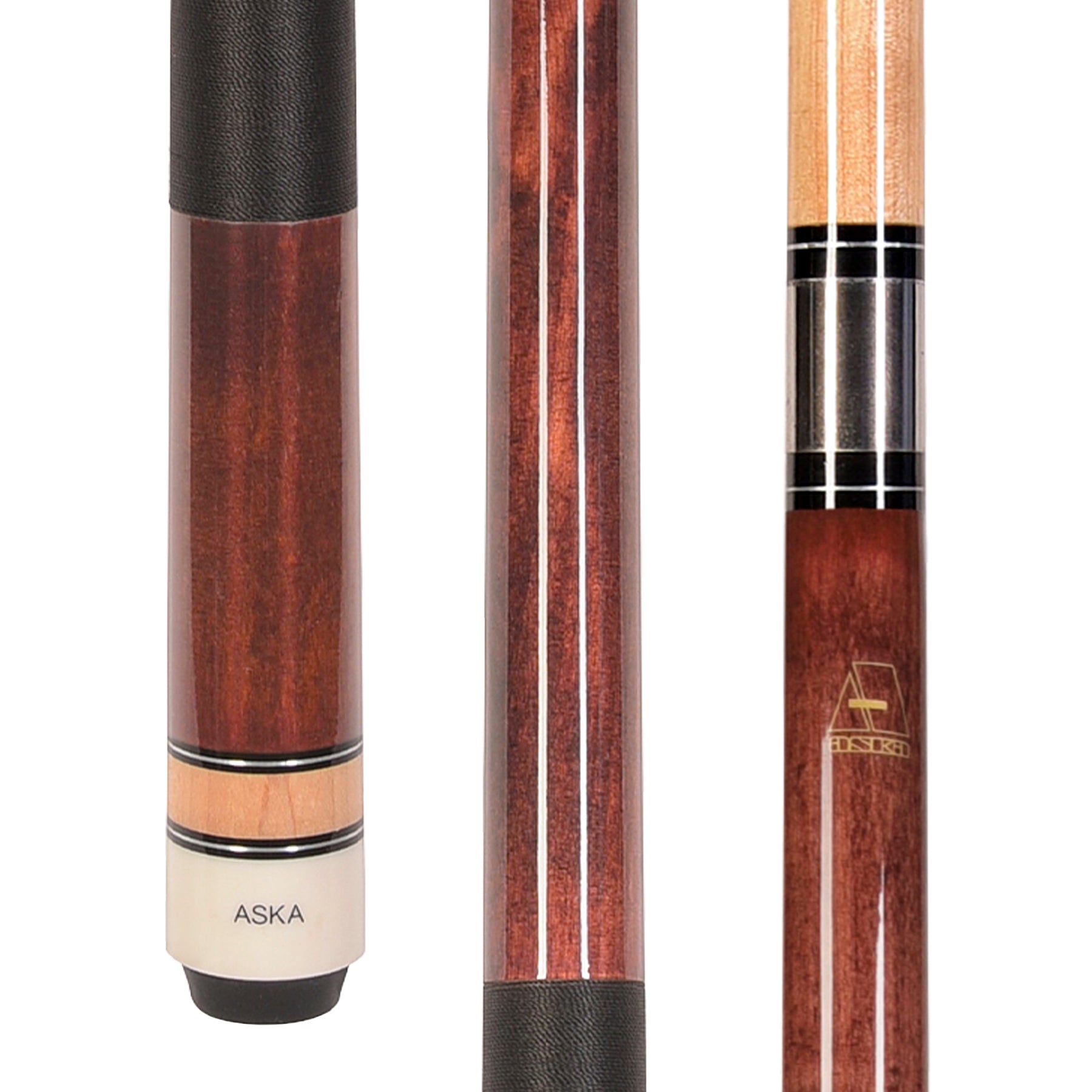 ASKA Mahogany Pool Cue Stick showing butt detail, middle section, and joint area. L2MAH