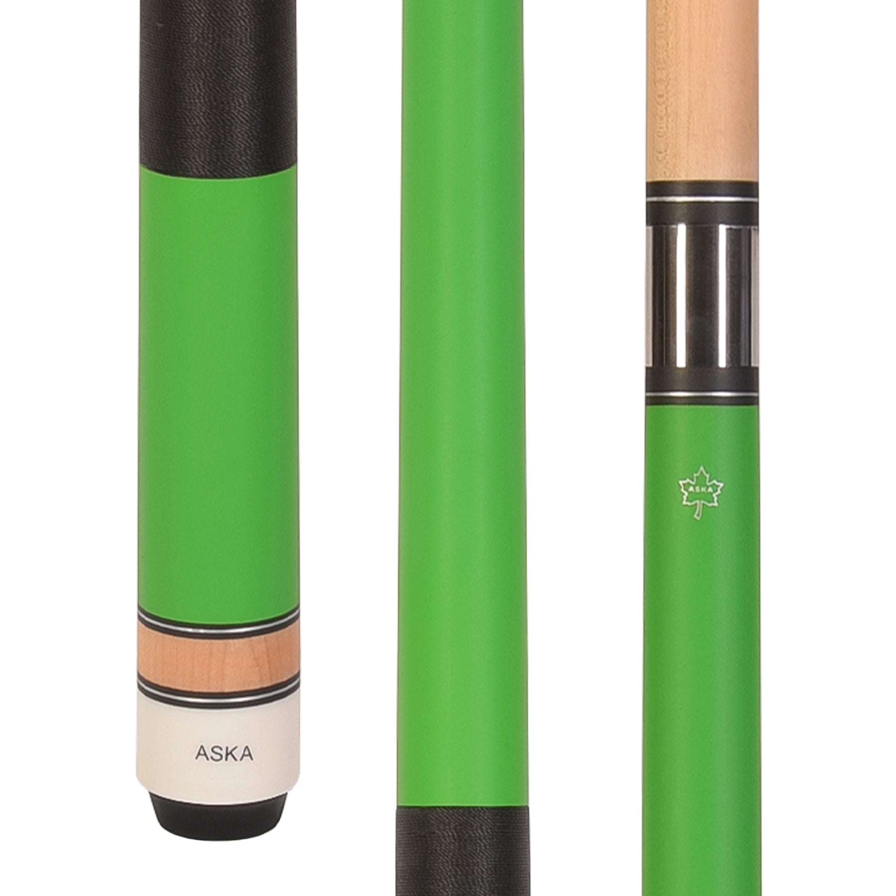 ASKA Matte Green Pro pool cue stick sections showing joint and grip L2MGRN