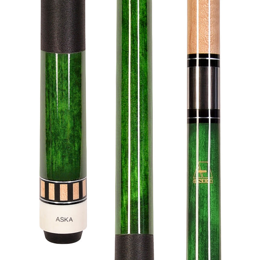 Green L25 pool cue showing butt and joint end details.
