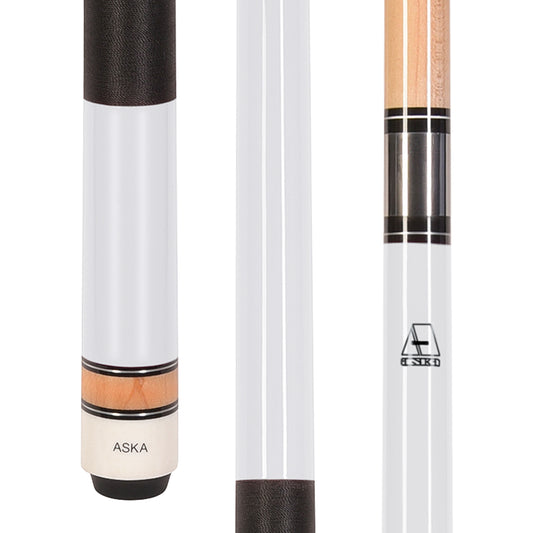 ASKA white pool cue stick with black wrap and stainless steel joint. L2WHT