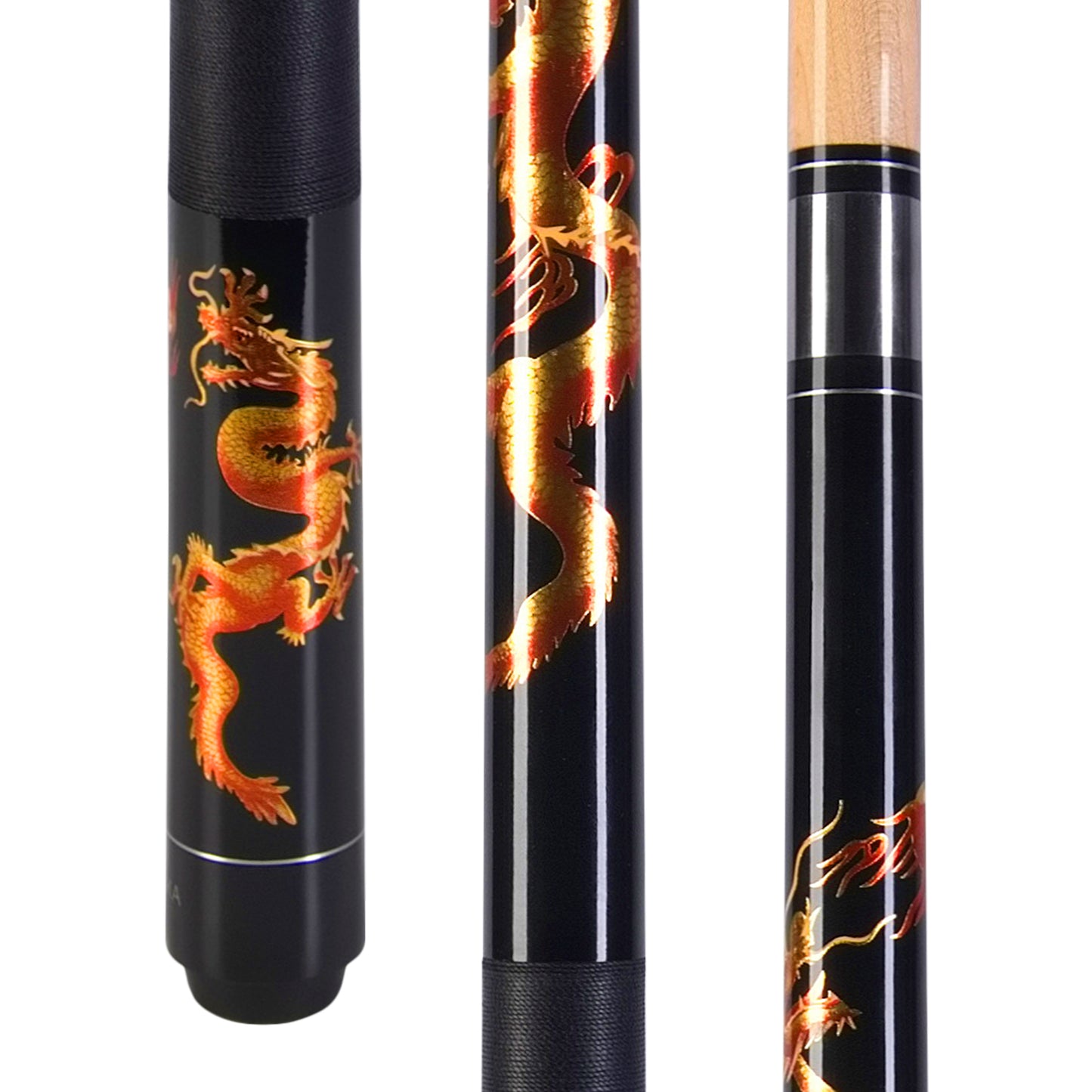 Close-up of a black pool cue with a golden dragon design.