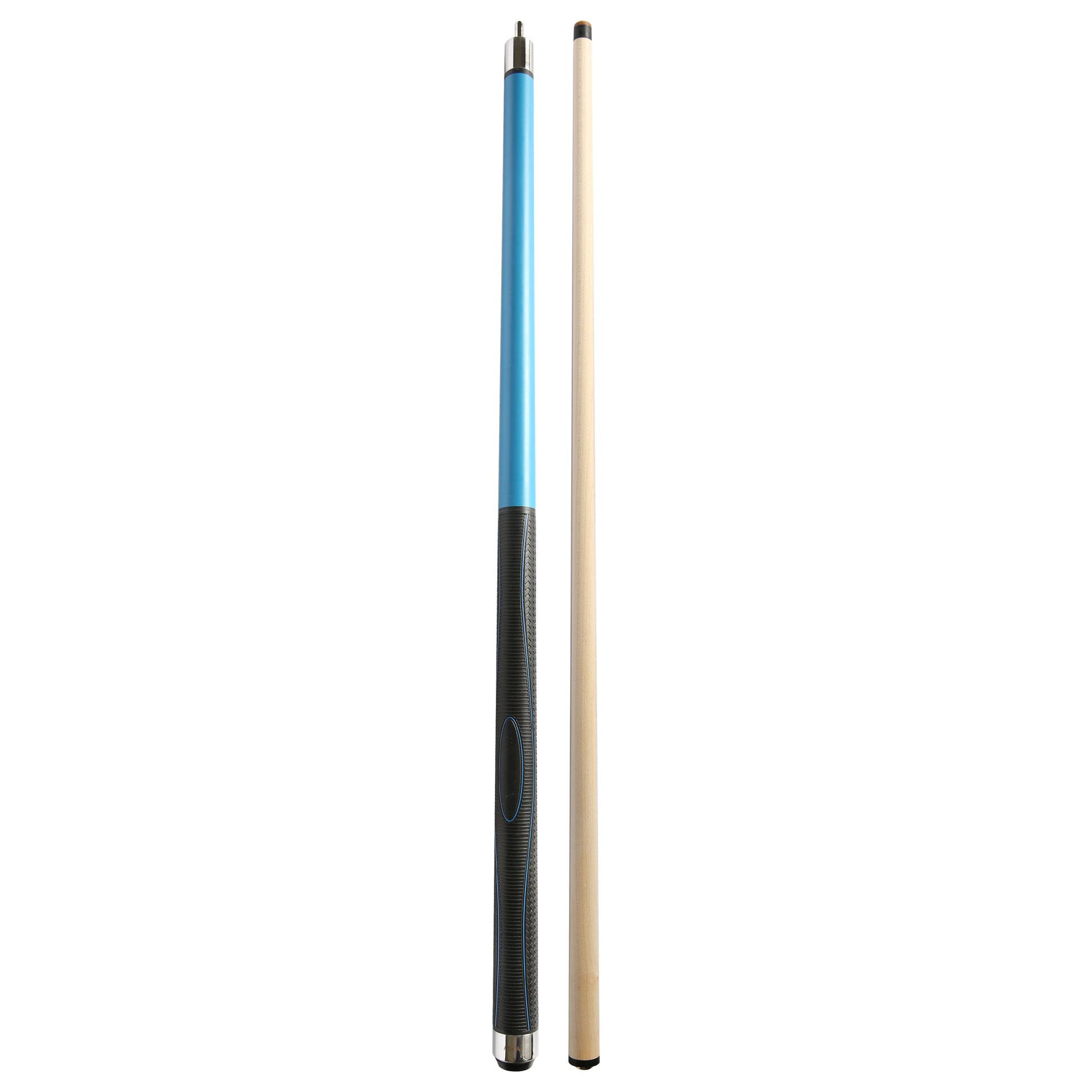 Pool cue assembled with a separate jump shaft alongside.