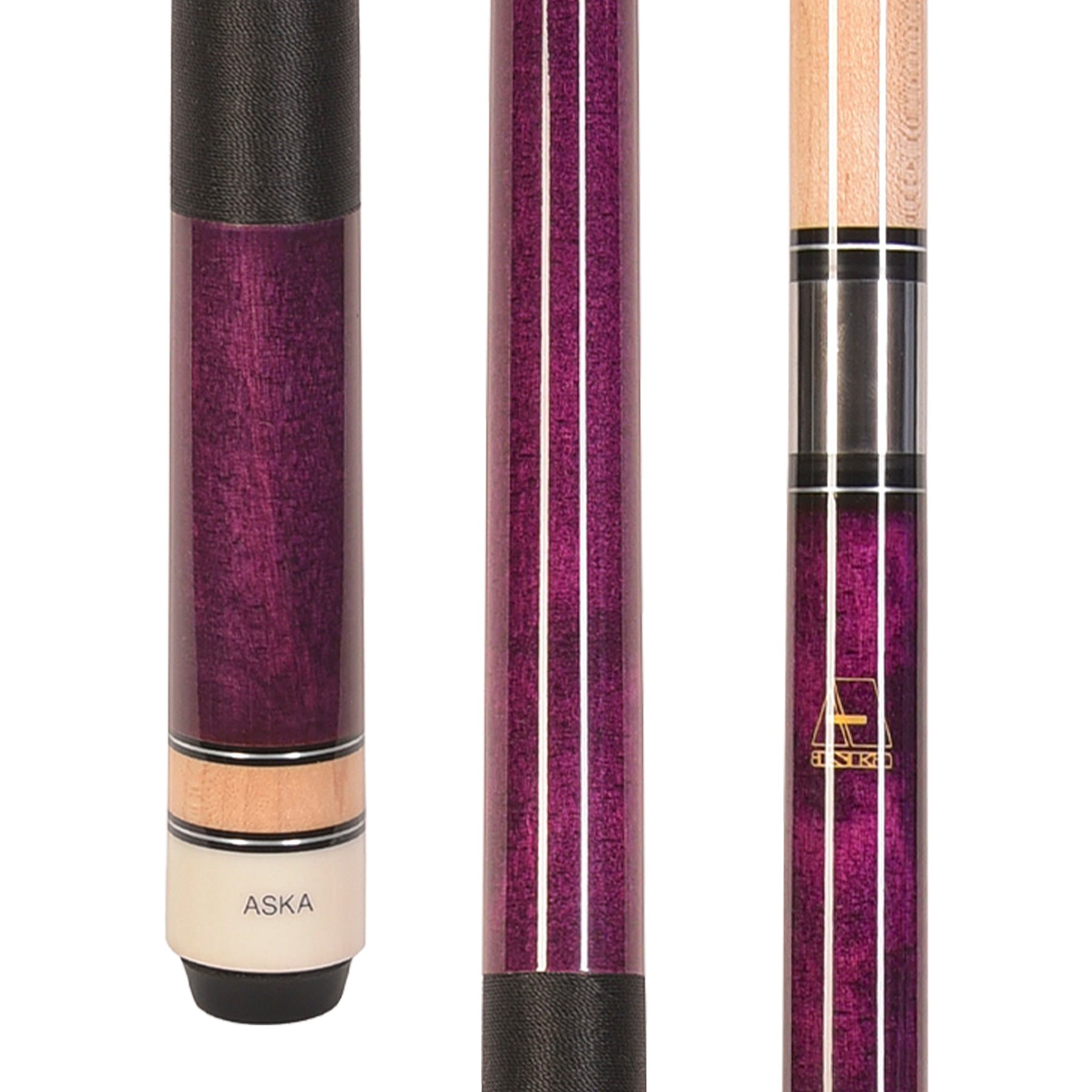 ASKA L2PUR purple pool cue stick butt and shaft sections.