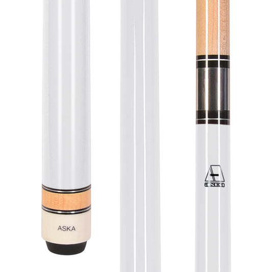 ASKA White No Wrap Pool Cue Stick full view with detailed joint. L3WHT