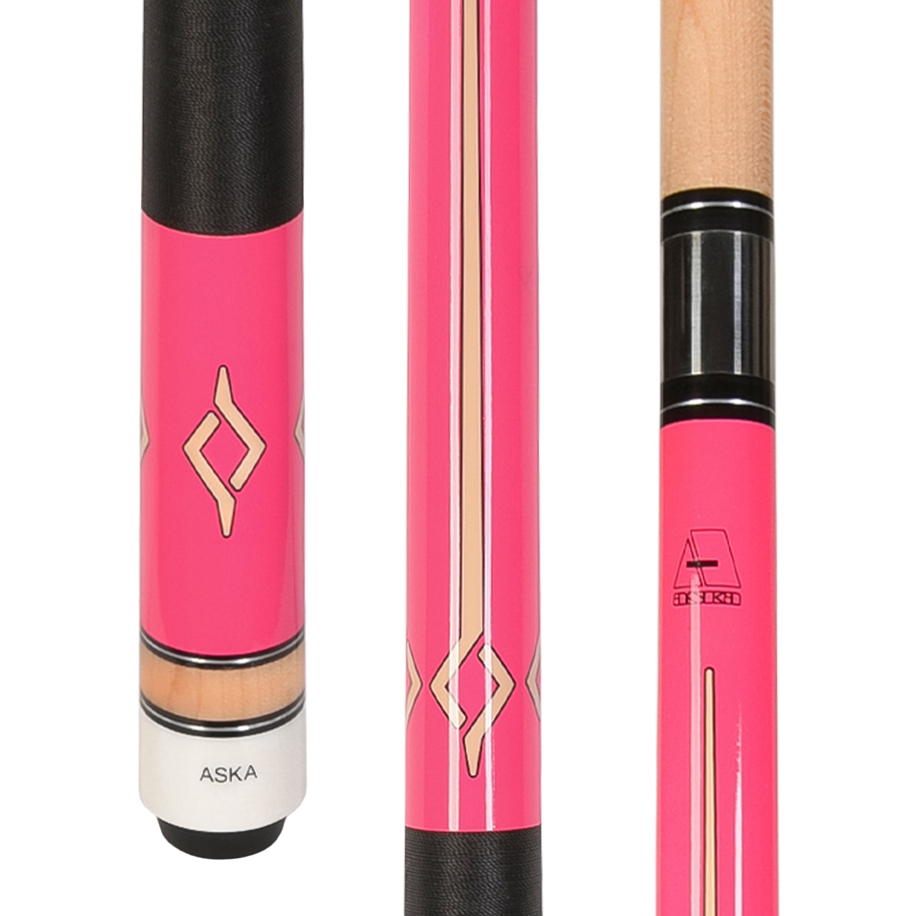 Vibrant pink cue with a diamond motif and white tip.