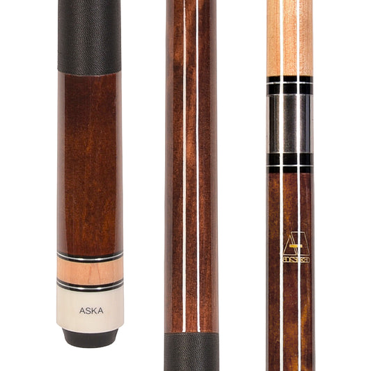 ASKA L2BRN pool cue butt and shaft sections showing wood grain and wrap.
