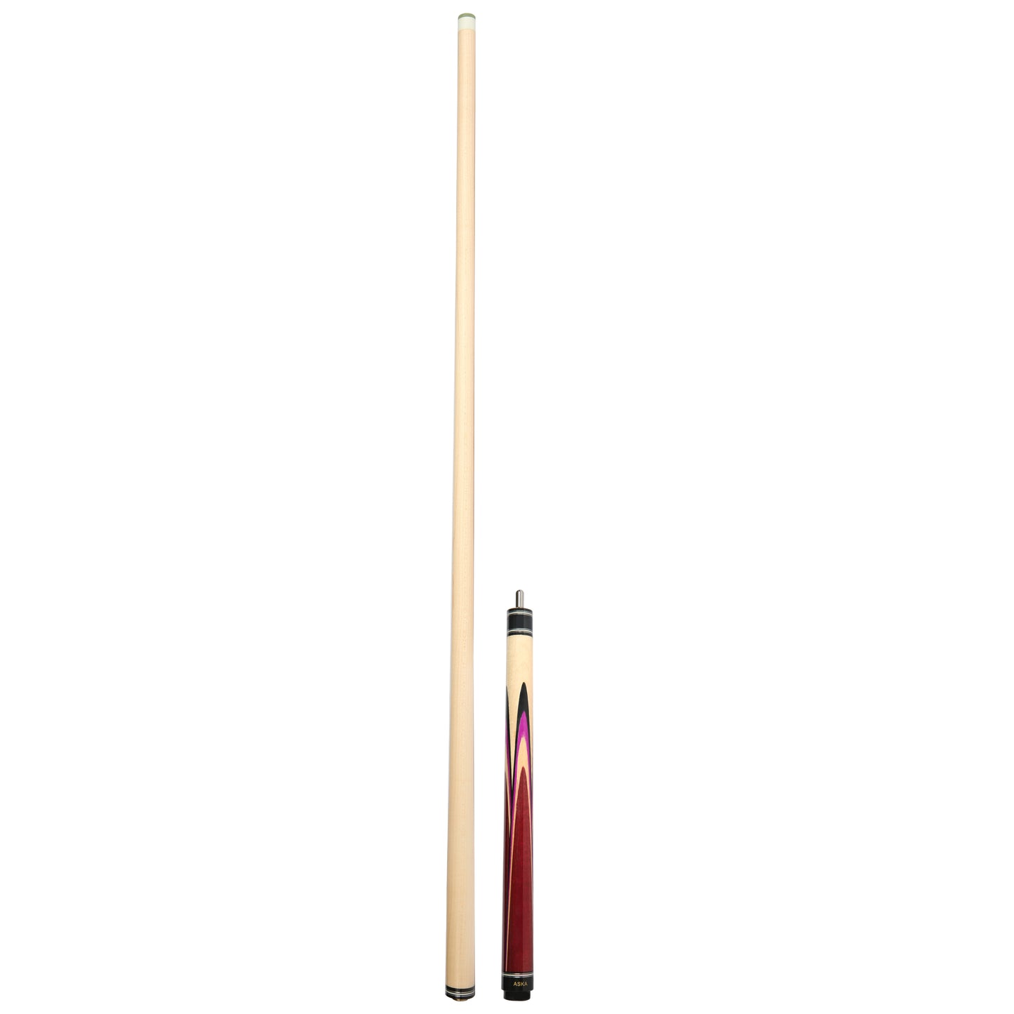 Complete jump cue with both butt and shaft assembled, standing upright.