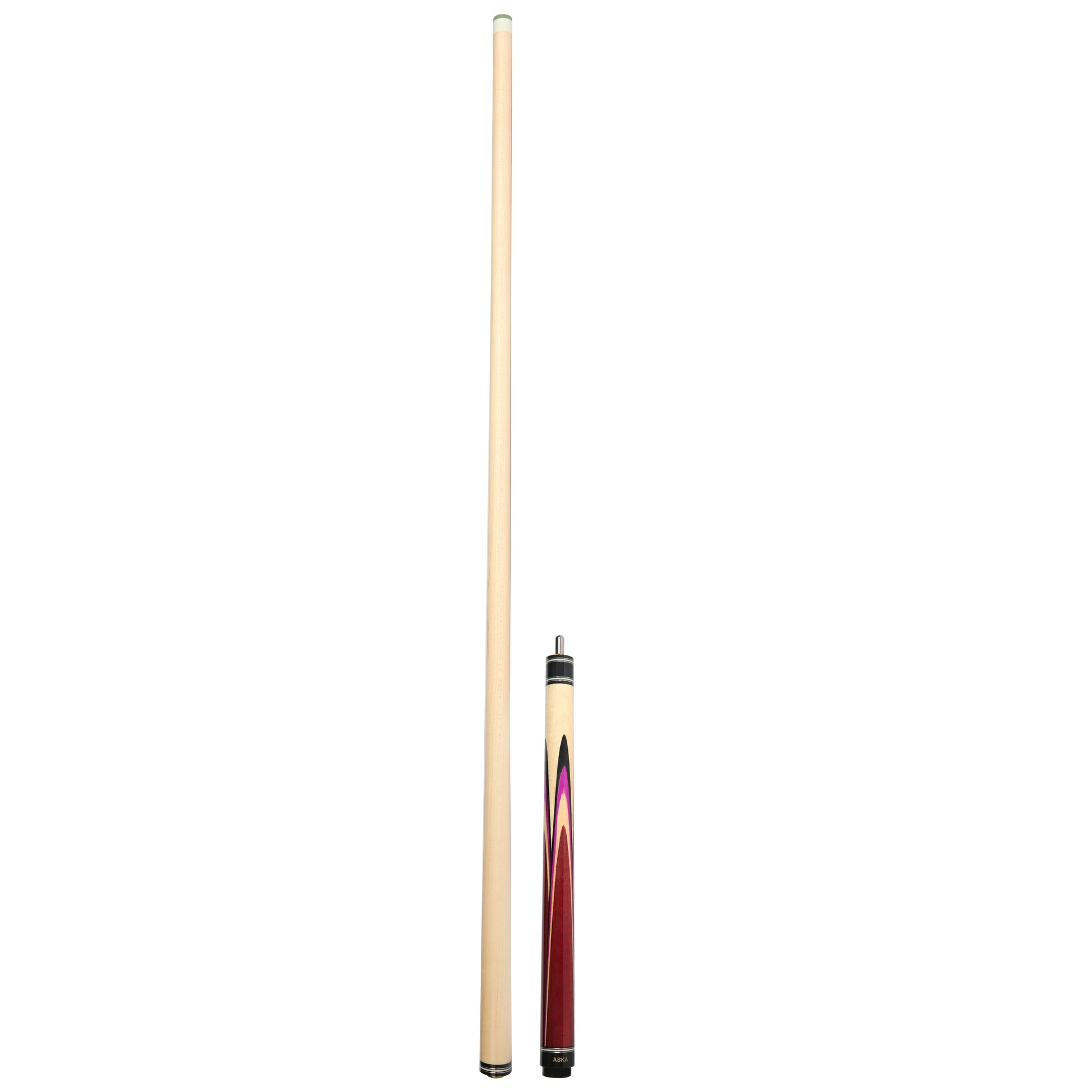 Complete jump cue with both butt and shaft assembled, standing upright.