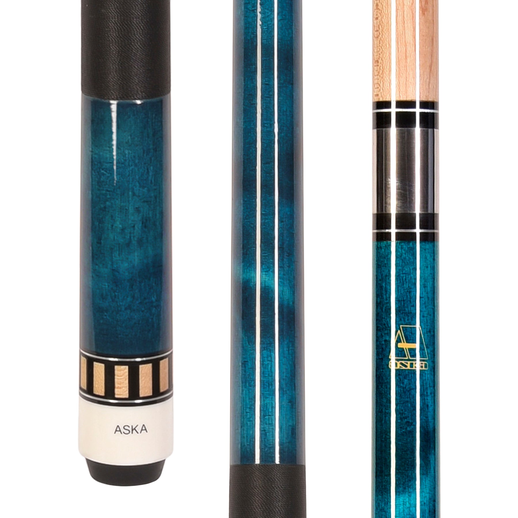 Teal L25 pool cue showing butt and joint end details.