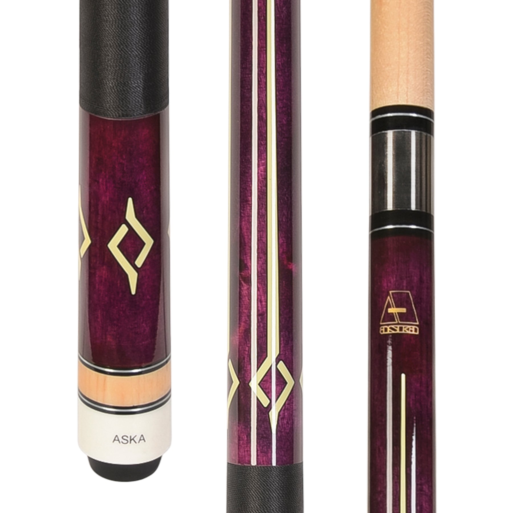 Deep purple cue stick with a patterned design and black grip.