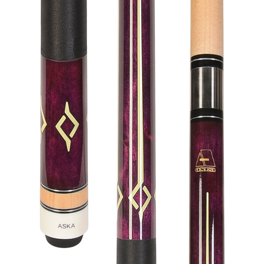 Deep purple cue stick with a patterned design and black grip.