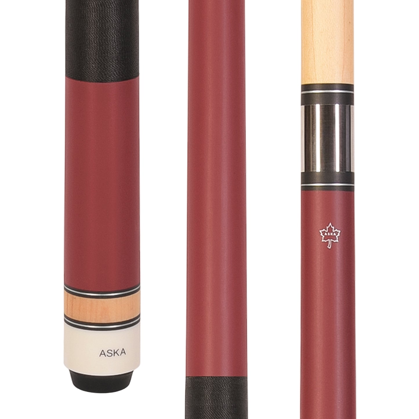 Close-up of L2 cue butt with red and black wrap sections.