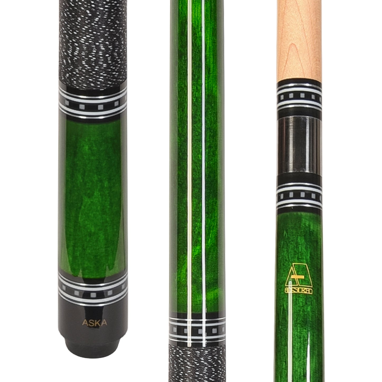 Close-up view of cue grip and shaft joint details.