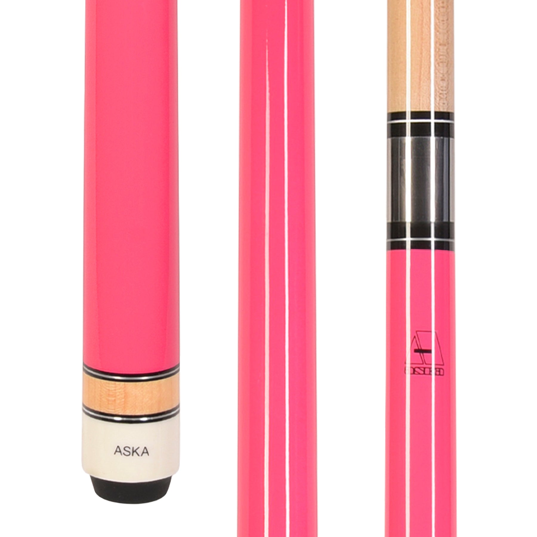 ASKA Pink No Wrap Pool Cue Stick, 58" with joint and tip detail. L3PNK