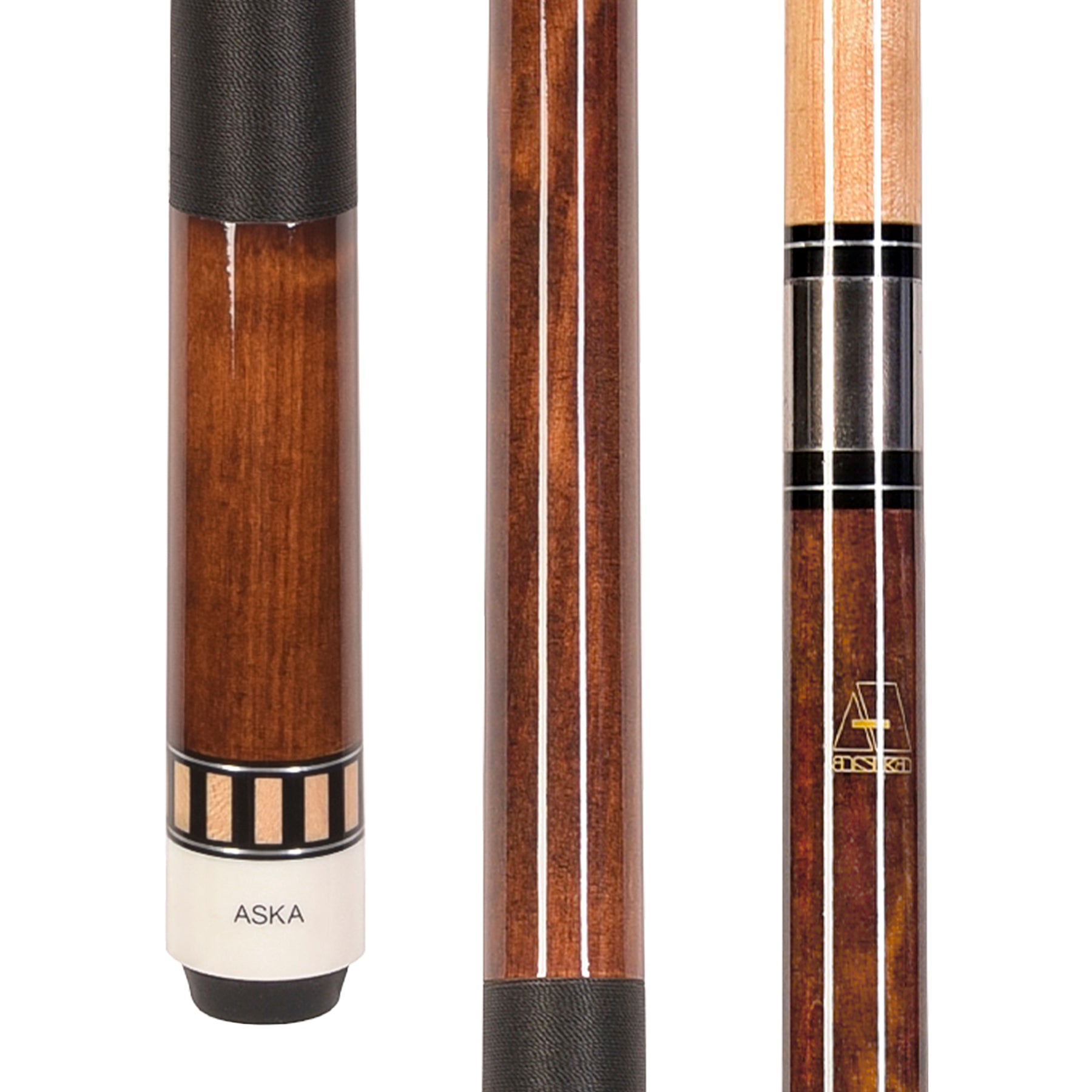 Brown L25 pool cue showing butt and joint end details.