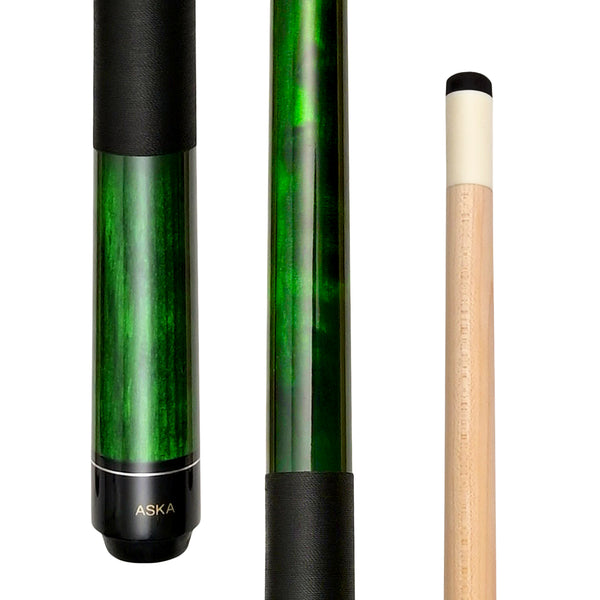 ASKA Green pool cue butt and maple shaft close up. LEC48GRN